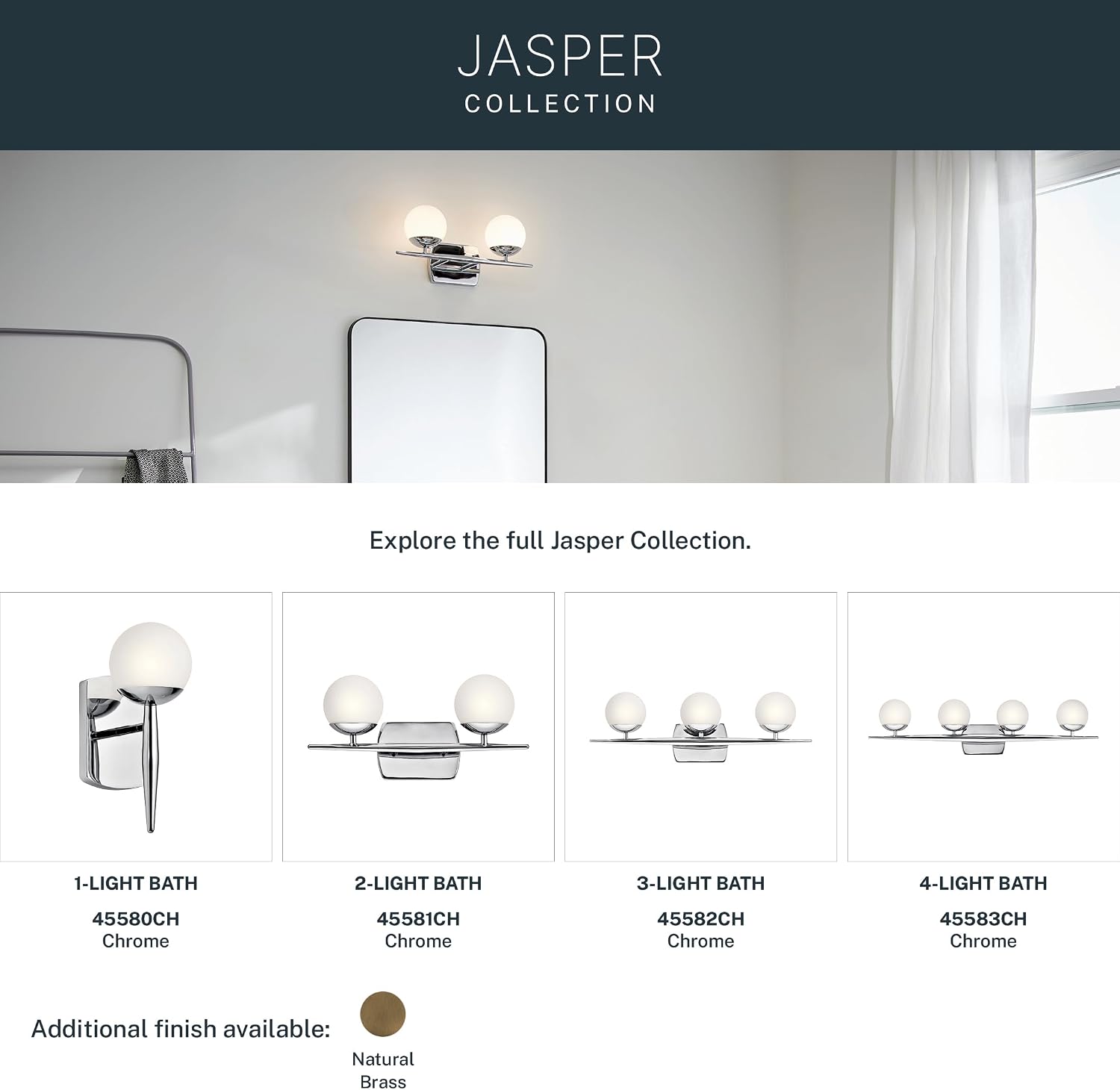 Kichler Jasper 24.5' Halogen Vanity Light in Chrome, 3-Light Mid Century Bathroom Vanity with Satin Etched Cased Opal Glass, (24.5' W x 7.75' H), 45582CH