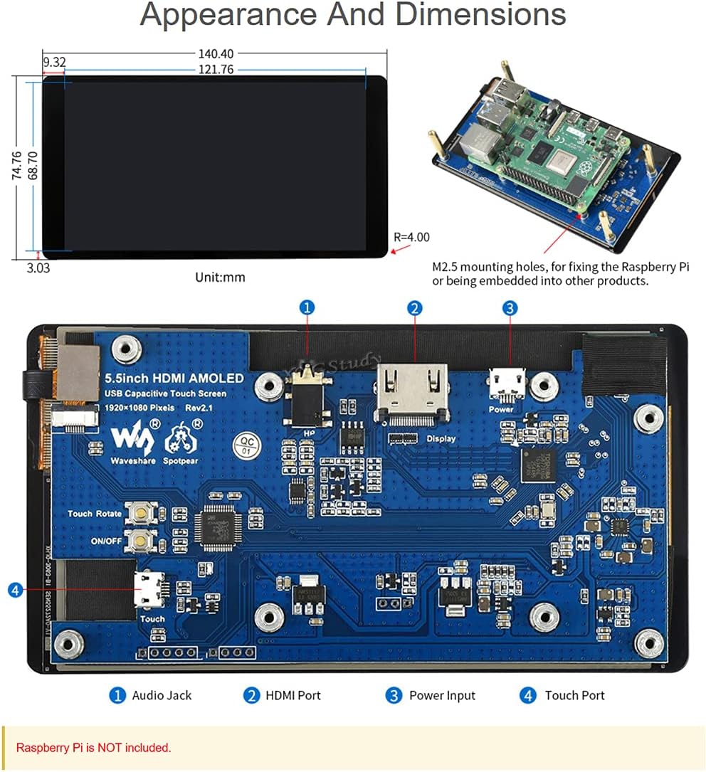 5.5inch 1080×1920 HDMI Capacitive Touch AMOLED Display for Raspberry Pi 4B/3B+/3A/Zero/Zero W/WH/Zero 2W CM3+/4 Jetson Nano/Windows 11/10/8.1/8/7 (5.5inch HDMI AMOLED)