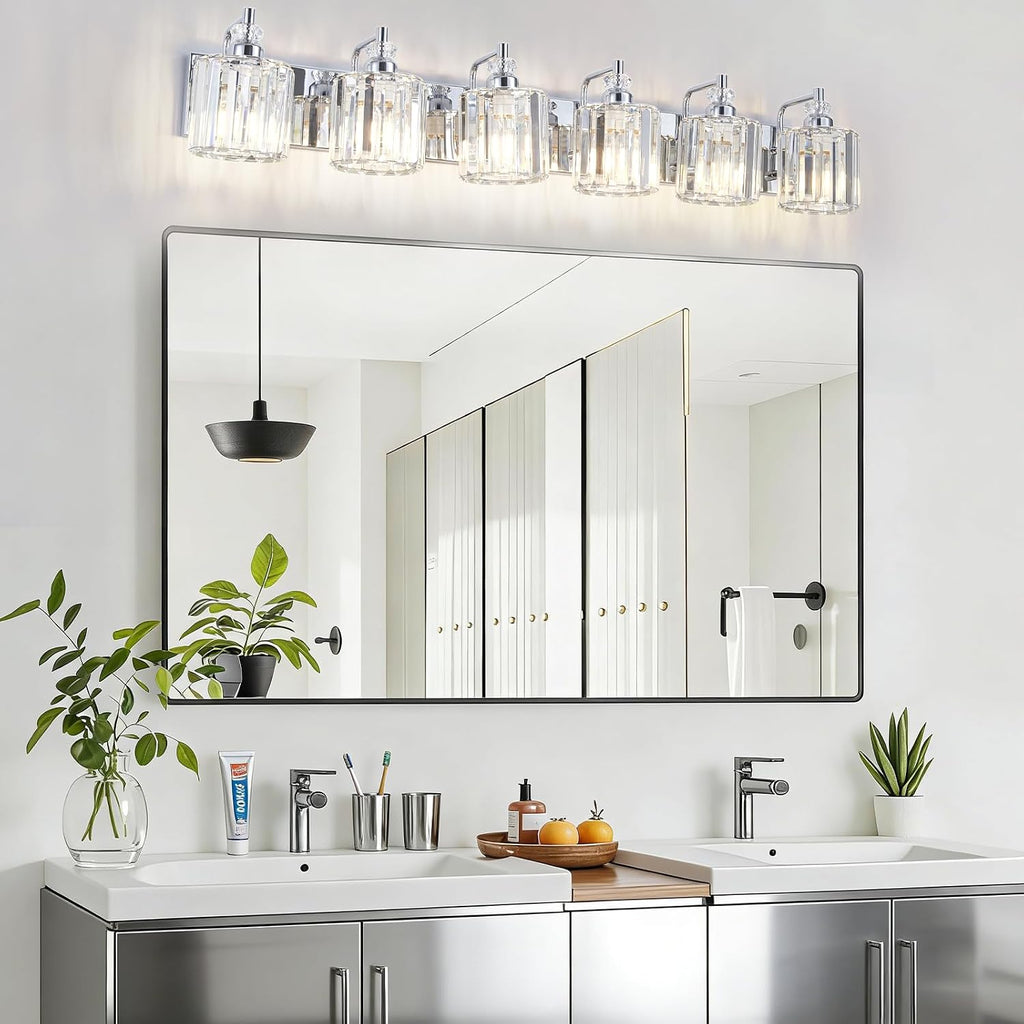 6-Light Modern Bathroom Light Fixture Chrome Bathroom Vanity Lights Over Mirror Wall Sconce Lighting with K9 Crystal Shades E26 Base for Bedroom, Living Room, Hallway Wall Lamp