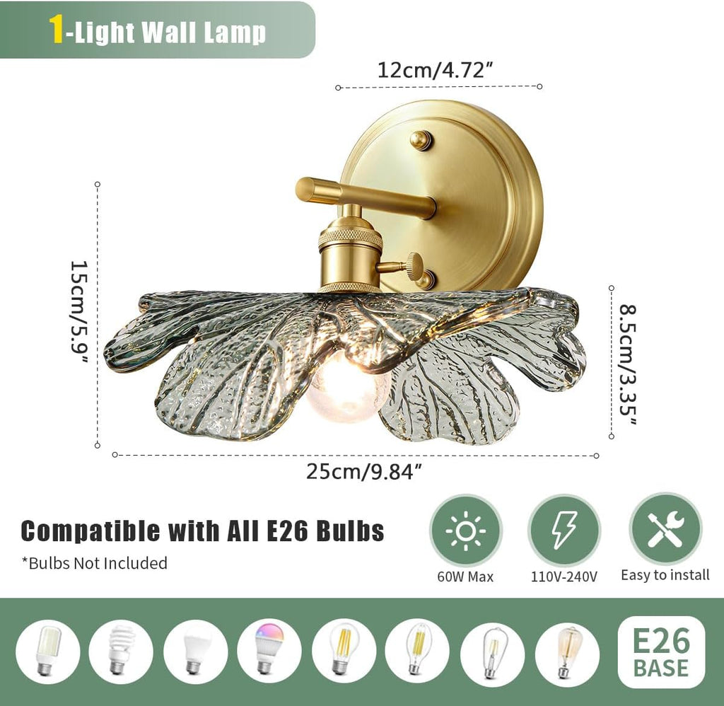 Vintage Bathroom Vanity Light Set of 2 with Dark Green Flower Glass | Art Deco Wall Sconces, Gold Living Room Hallway lighting fixtures, 110V E26 Brass, Supports dimmable bulbs, Easy to install