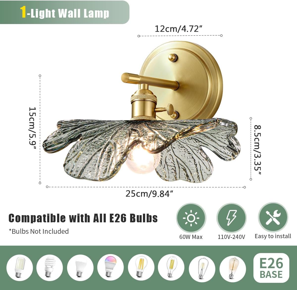 Vintage Bathroom Vanity Light Set of 2 with Dark Green Flower Glass | Art Deco Wall Sconces, Gold Living Room Hallway lighting fixtures, 110V E26 Brass, Supports dimmable bulbs, Easy to install