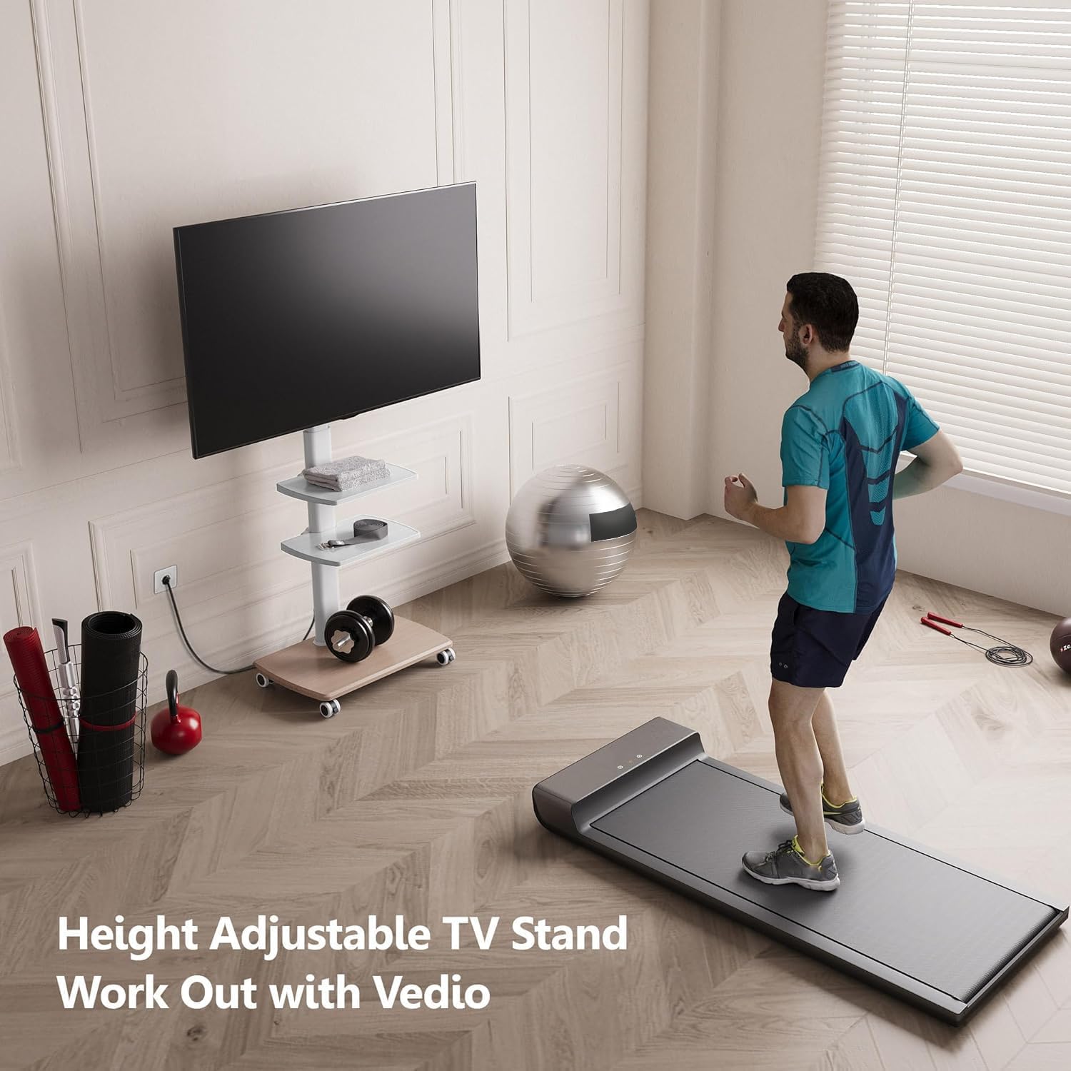 FITUEYES Rolling TV Stand with Power Outlets, Swivel Portable TV Stand for 32-70Inch LCD LED OLED Flat/Curved Panel Screen TVs, Height Adjustable&Wood Base, Mobile TV Cart with 2 Shelves