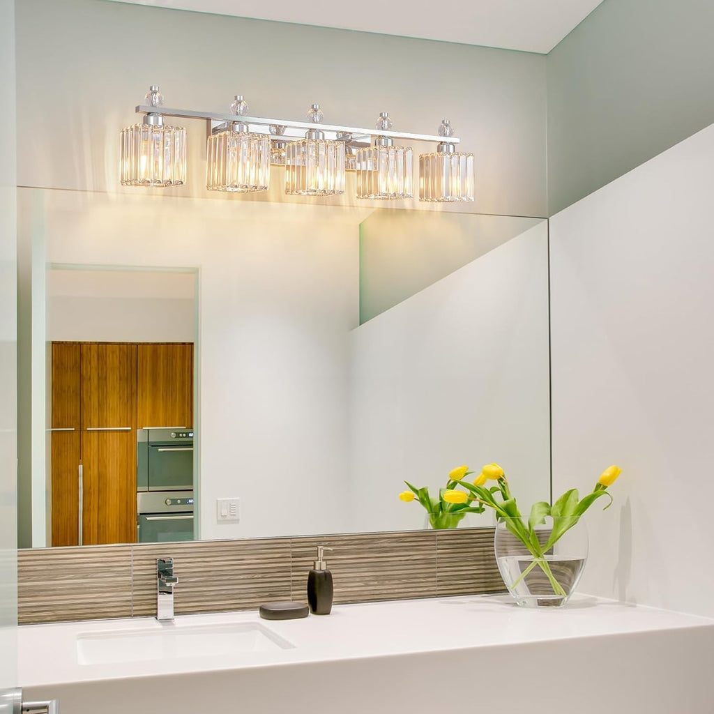 Vanity Lights 5-Light Modern Crystal Vanity Light Chrome Bathroom Light Fixtures Over Mirror Crystal Bathroom Vanity Lighting Fixtures