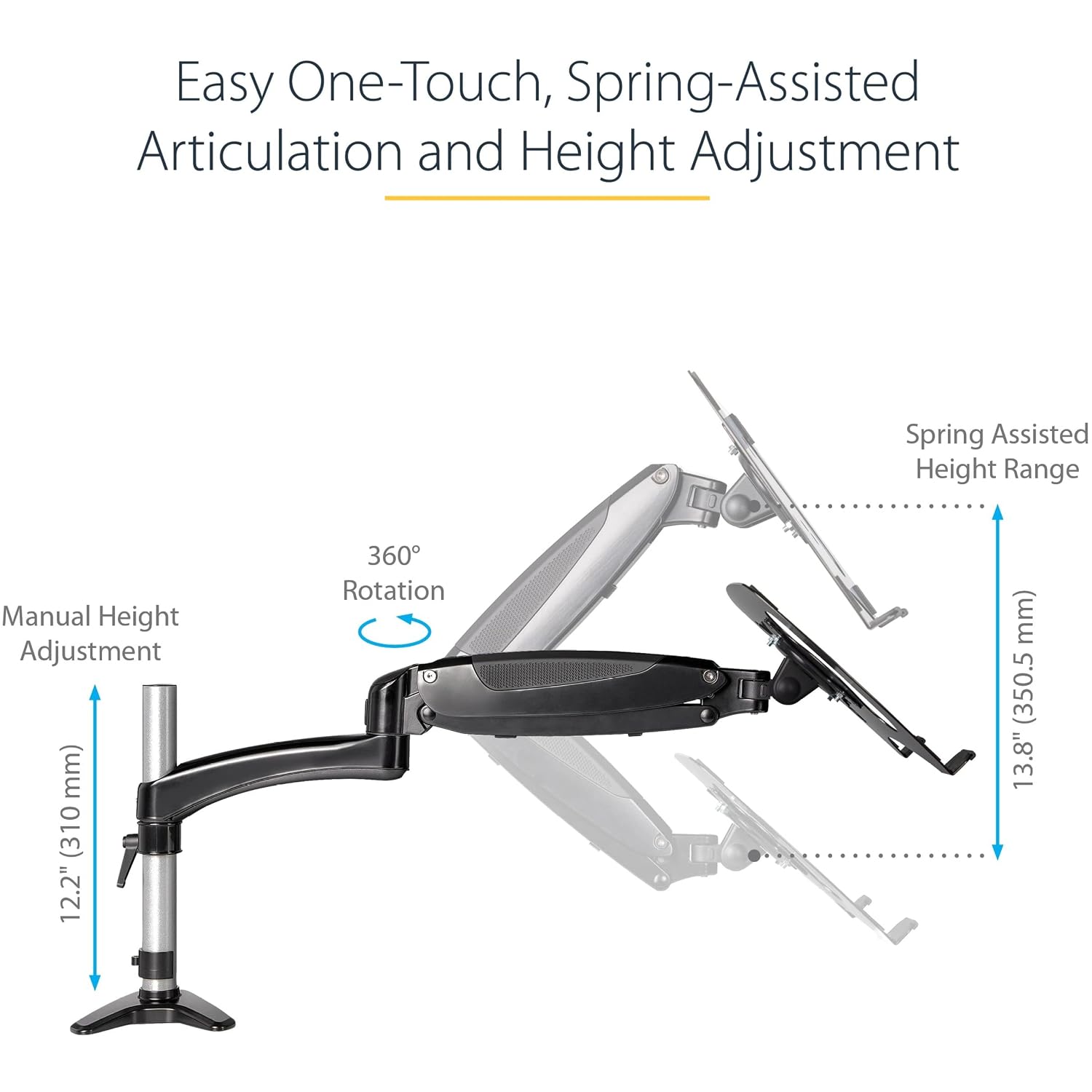 StarTech.com Desk Mount Laptop Arm, Articulating Arm for Laptop or Single Monitor up to 34' (17.6lb/8kg), VESA Tray Bracket, Ergonomic Adjustable Stand, Desk & Grommet Clamp