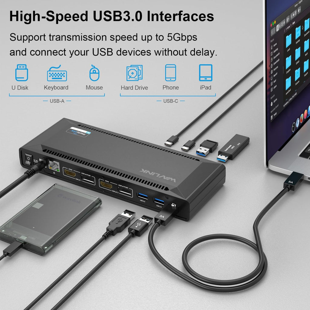 WAVLINK DisplayLink Laptop Docking Station Dual 4K@60Hz(2 HDMI+2DP), 100W PD Charging Compatible with Thunderbolt 5/4, USB-C M1-M5 Mac/MacBook Neo, Windows, Chrome, 6 USB Ports, LAN - Driver Required
