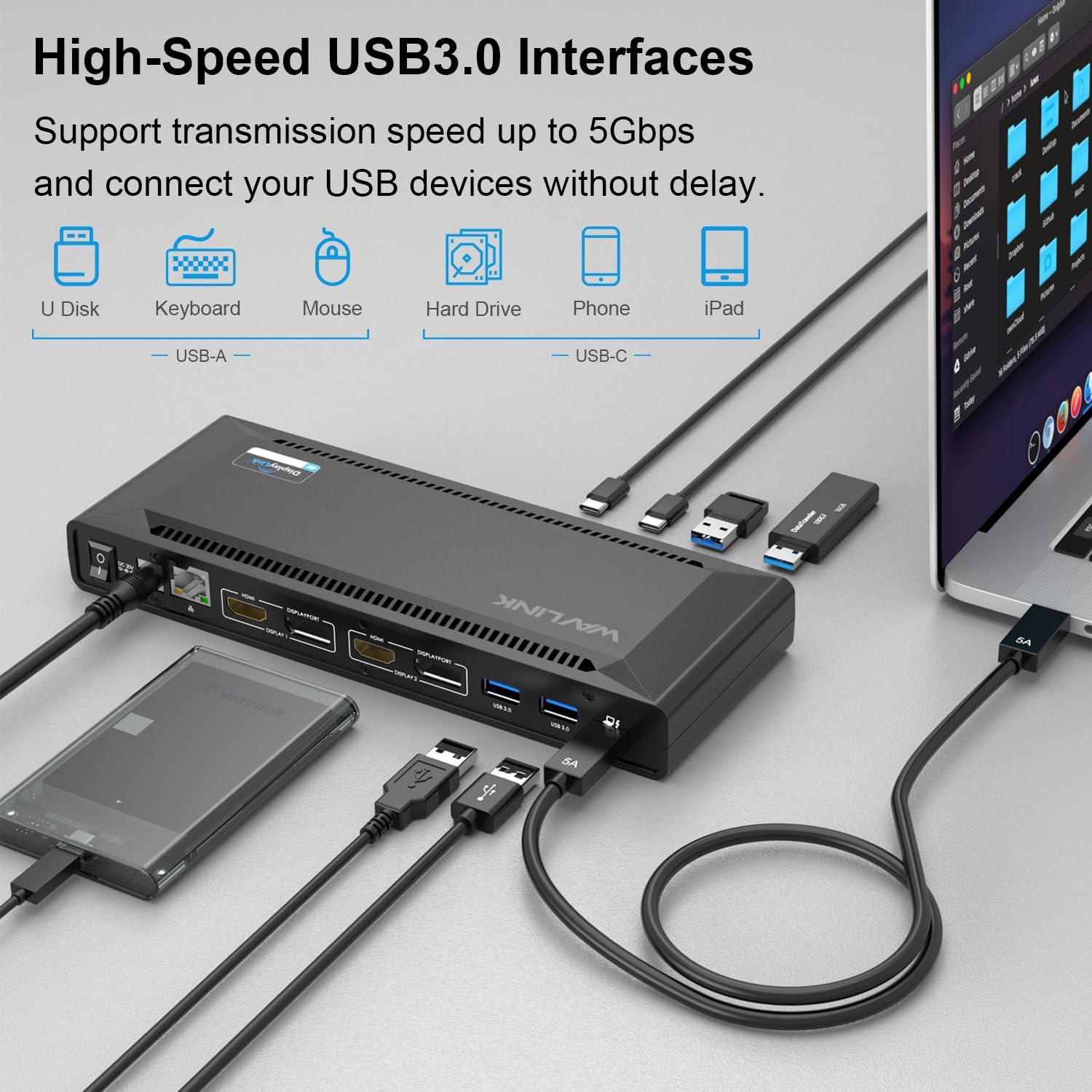 WAVLINK DisplayLink Laptop Docking Station Dual 4K@60Hz(2 HDMI+2DP), 100W PD Charging Compatible with Thunderbolt 5/4, USB-C M1-M5 Mac/MacBook Neo, Windows, Chrome, 6 USB Ports, LAN - Driver Required