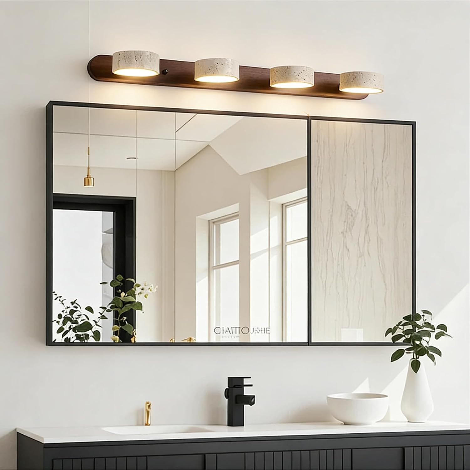 LED Bathroom Vanity Light, Travertine Stone Light Fixture, 360° Rotatable Stone Lampshades, Modern Rustic Wall Lamp for Bedroom, Living Room, Hallway (Walnut Wood-4 Lights)