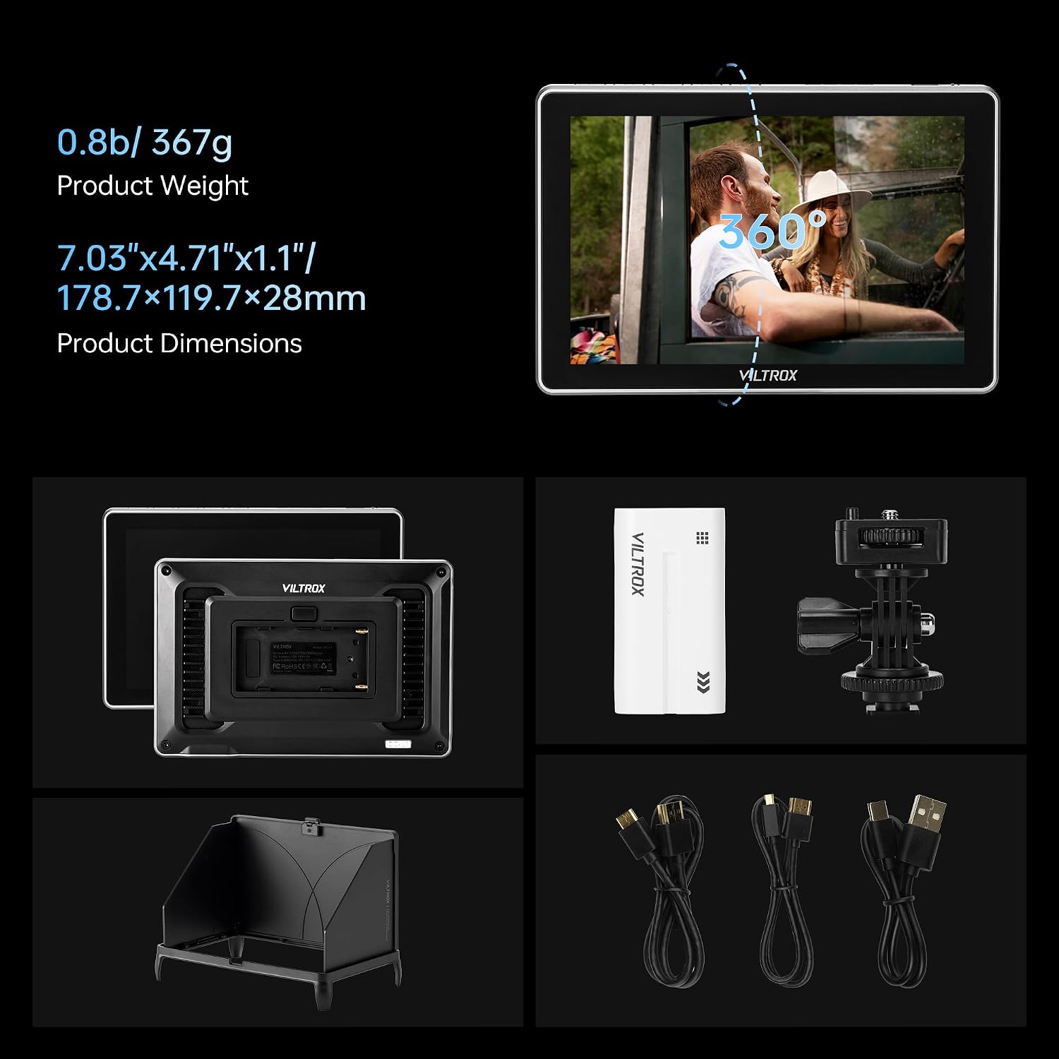 VILTROX DC-L1 7-Inch Touchscreen Camera Field Monitor 1280×800，Supports HDMI 1.4，Custom 3D LUT Import, Vectorscope & Waveform Scopes, Detachable Sunshade, NP-F Battery & Accessories