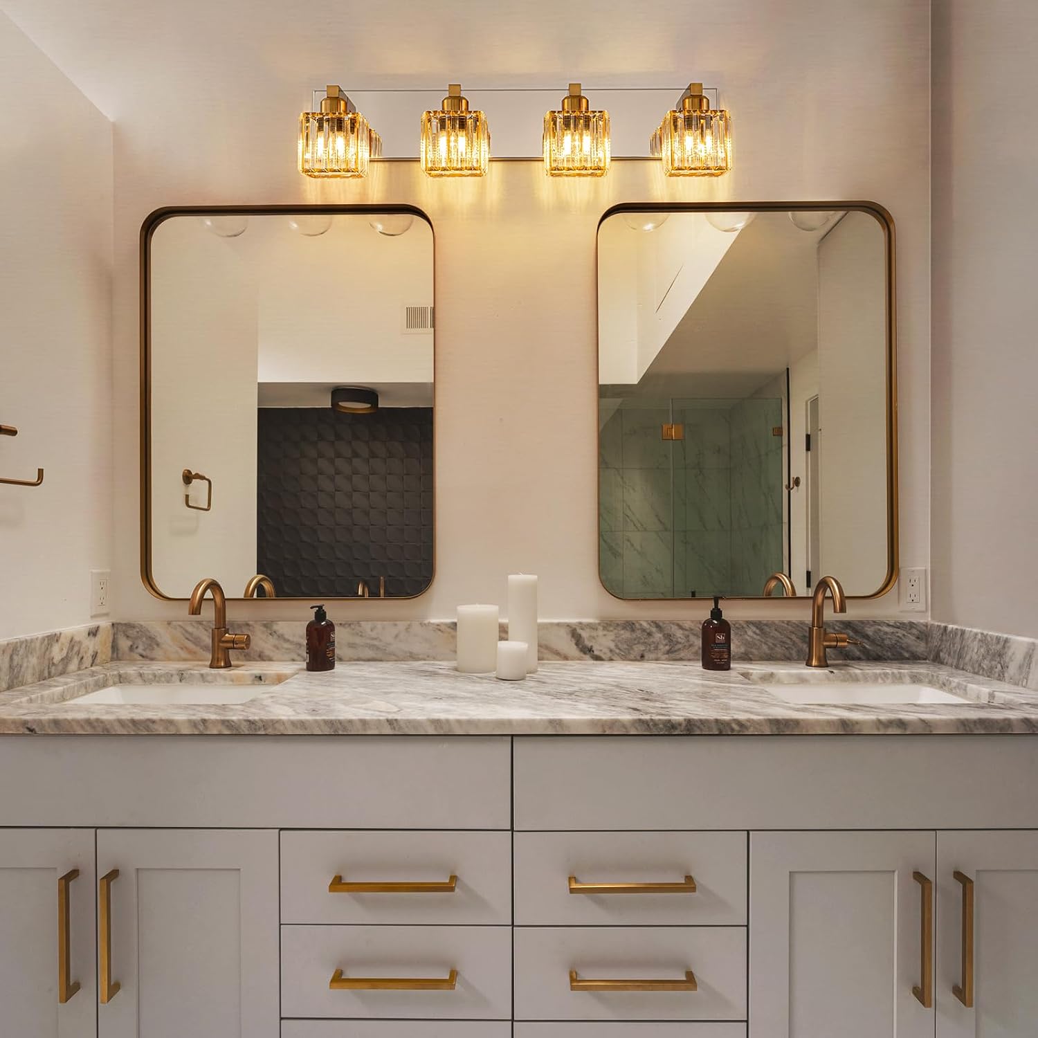 Crystal Bathroom Vanity Light Gold Chrome 4-Light Modern Chrome Vanity Light for Bathroom Square Wall Sconce