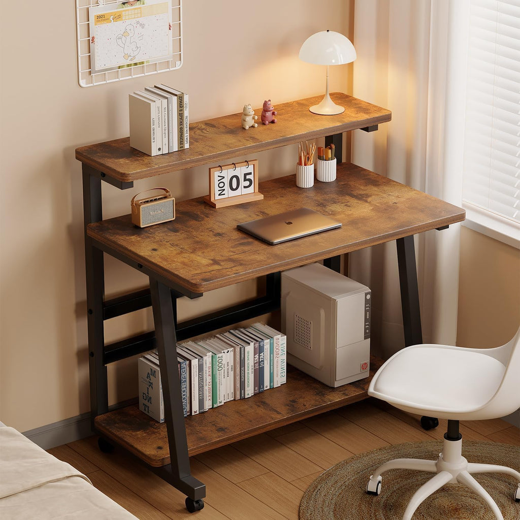 39.4 Inch Compact Rolling Computer Desk with Tier Worktable & Lockable Wheels, Small Computer Desk, Small Desk for Bedroom, Mobile Writing Workstation Easy Assembly for Home Office Small Spaces
