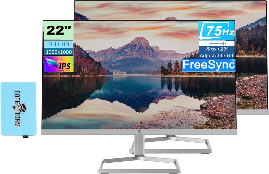 HP 22 IPS 1080P FreeSync Monitor Bundle with Docztorm Dock, 22 inch IPS (1920 x 1080) Display, HDMI, VGA, Adjustable Tilt, Ideal for Home & Business, Black & Silver 2 Pack