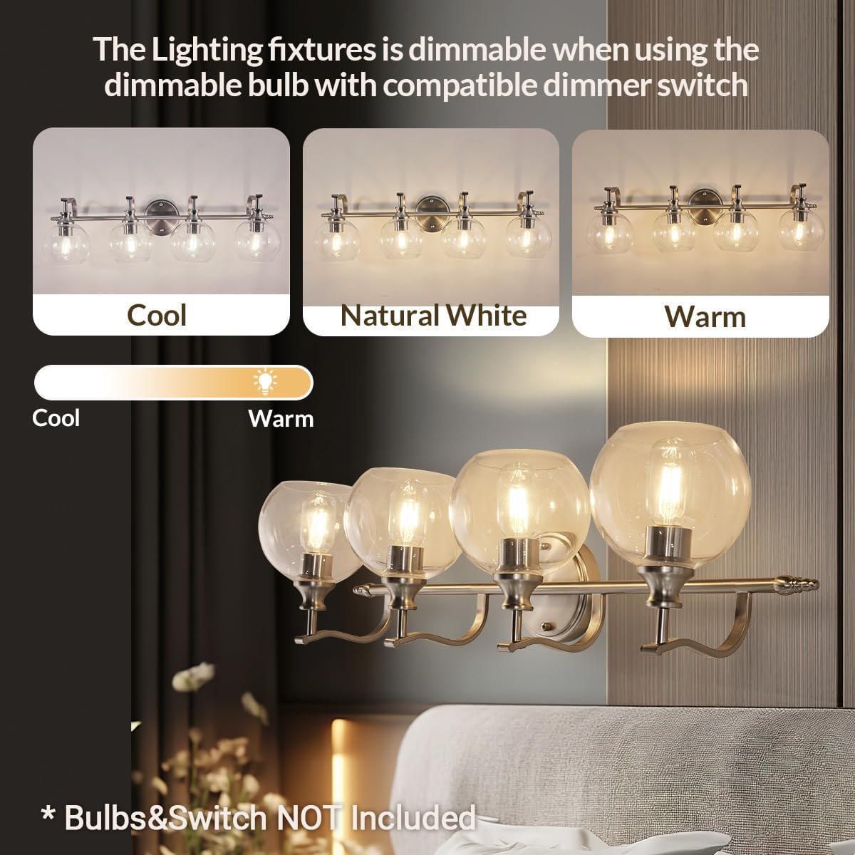 ANDY STAR Brushed Nickel Vanity Lights for Bathroom, 4 Light Vanity Light Brushed Nickel, Farmhouse Vanity Lighting Fixtures, 30.5 Inch Modern Silver Wall Sconce, E26 Base Bulbs Required, UL Certified