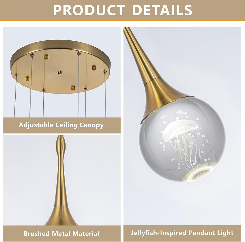 CHYING 6-Lights Pendant Lights Kitchen Island, Modern LED Dimmable Globe Crystal Jellyfish Teardrop Ceiling Pendant Chandelier for Dining Room Hallway Foyer Staircase, Gold Warm White