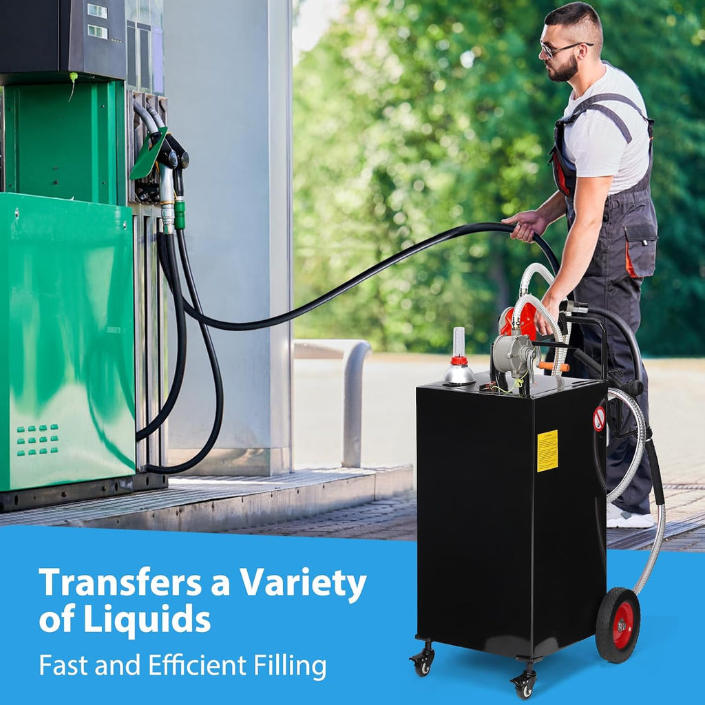 35 Gallon Portable Fuel Caddy with Manual Pump – Heavy Duty Gasoline & Diesel Transfer Tank, 4-Wheel Mobile Fuel Storage for Trucks, Boats, Lawn Mowers & Farm Use – Black