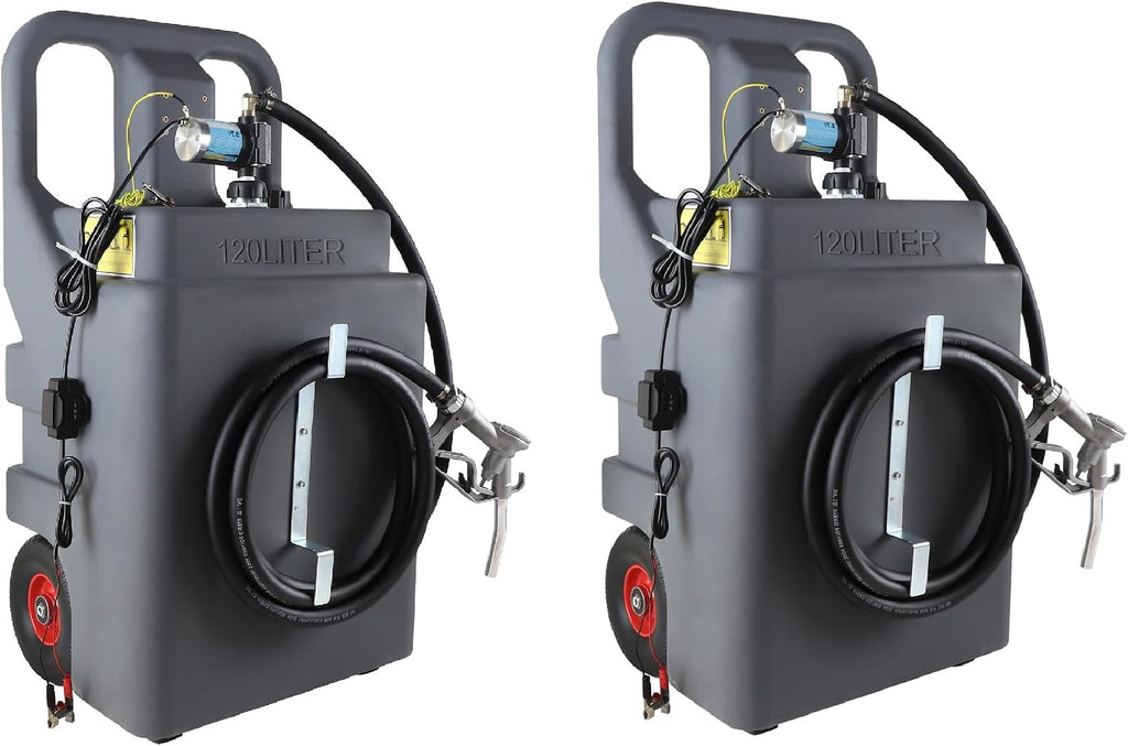 32 Gallon Fuel Caddy 2 Pack, 120L Transfer Caddy with 3.7 GPM 12V DC Electric Pump, Diesel Gasoline Fuel Transfer Caddy for Cars, Motorcycles, Boats, Lawn Mowers, Snowblowers, Manual Fueling Nozzle(Pack of 2)