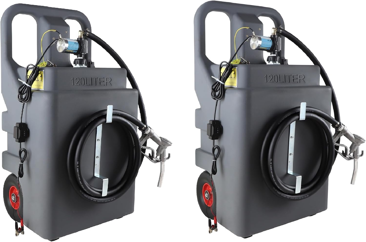 32 Gallon Fuel Caddy 2 Pack, 120L Transfer Caddy with 3.7 GPM 12V DC Electric Pump, Diesel Gasoline Fuel Transfer Caddy for Cars, Motorcycles, Boats, Lawn Mowers, Snowblowers, Manual Fueling Nozzle(Pack of 2)