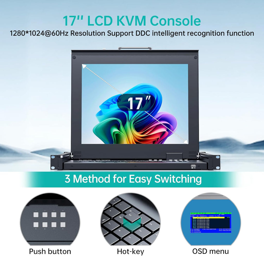 MT-Viki 17'' Rack Mount KVM Switch VGA 8 Port, Rackmount Monitor KVM Fit 1U 19'' Rack, 600-800mm(23.6~31.8'') Depth, Integrated with Keyboard+Touch pad+Drawer+8 KVM Cables