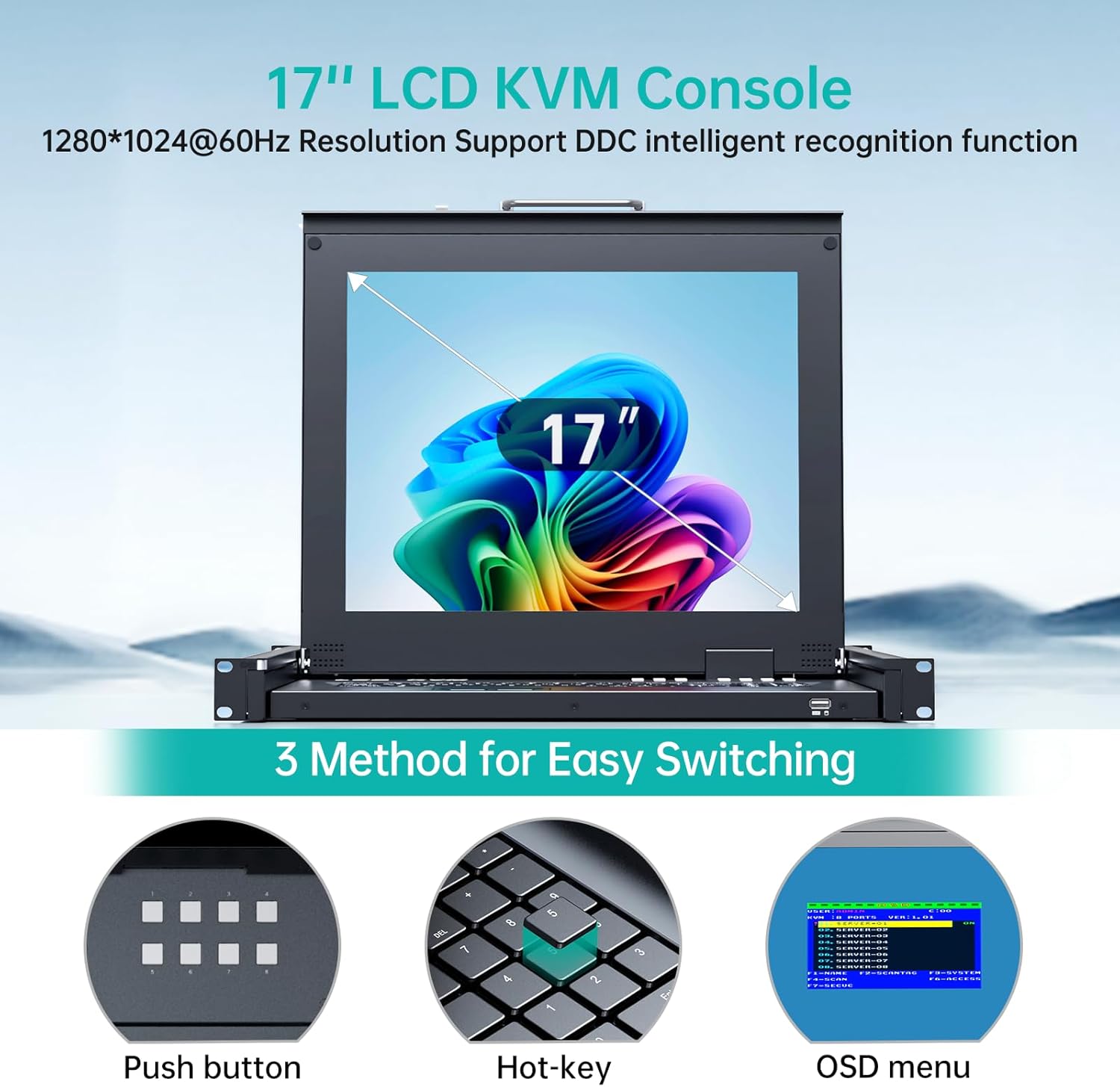 MT-Viki 17'' Rack Mount KVM Switch VGA 8 Port, Rackmount Monitor KVM Fit 1U 19'' Rack, 600-800mm(23.6~31.8'') Depth, Integrated with Keyboard+Touch pad+Drawer+8 KVM Cables