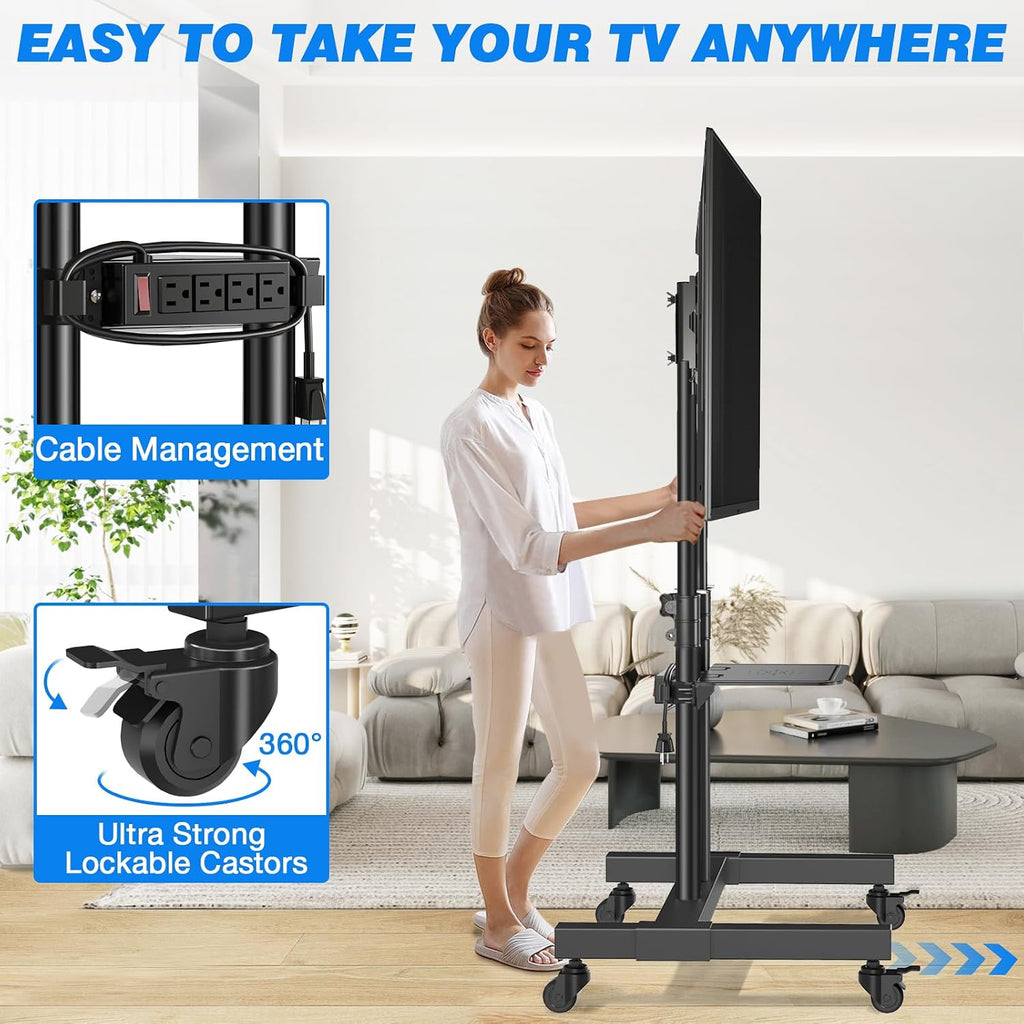 Rfiver Upgraded Mobile TV Stand on Wheels with Power Outlet, Heavy Duty Rolling TV Cart for 32-85 Inch TVs up to 132 lbs, Height Adjustable Portable Floor TV Stand for Bedroom, Home Office, Onesize