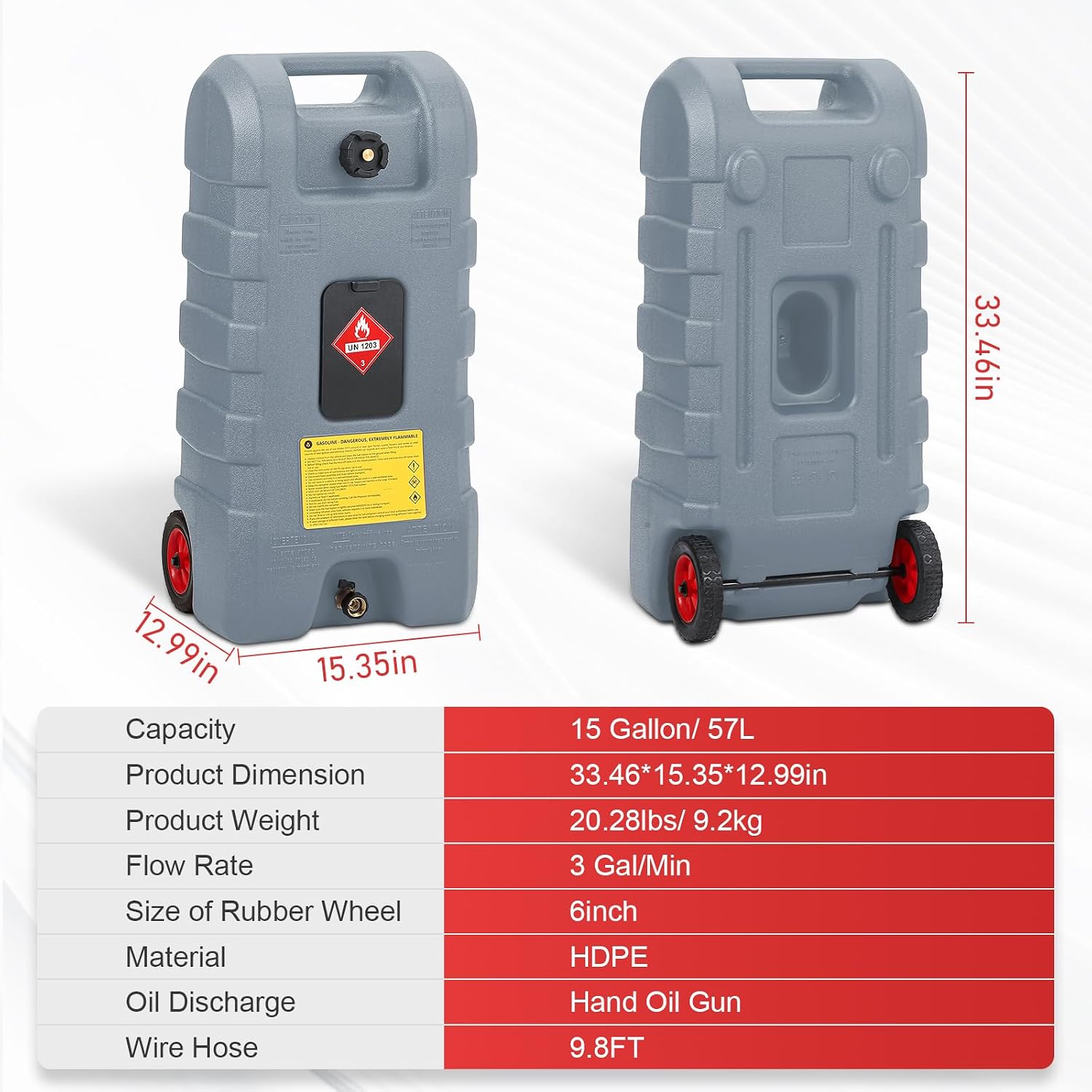 15 Gallon Gas Can, Fuel Tank Container with LE Fluid Transfer Manual Siphon Pump & 10FT Hose, Portable Diesel Gas Storage Caddy with Wheels for Car, ATV, Weeder, Boat, etc., Grey