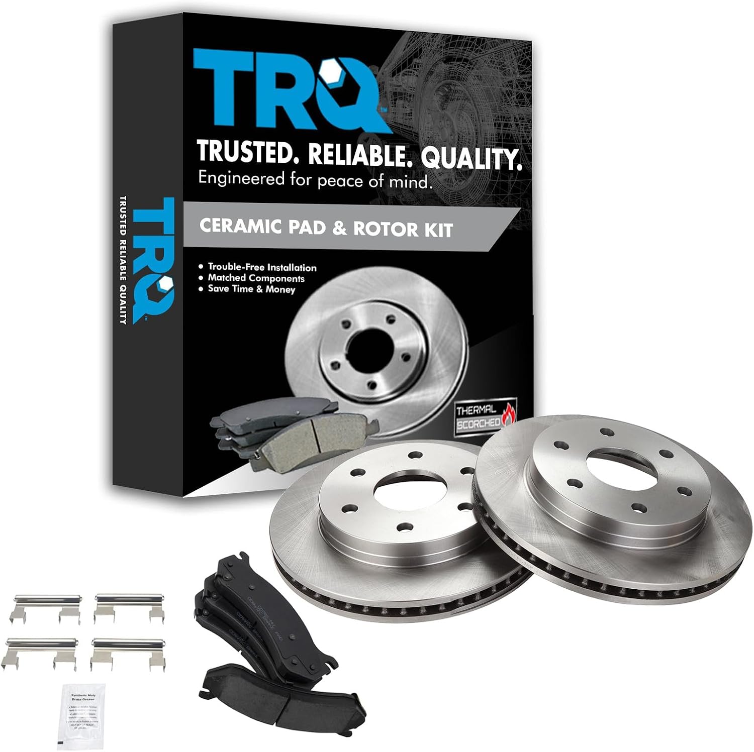 TRQ Front Brake Pad & Rotor Set Ceramic Compatible with 1999-2007 Chevy Silverado 2000-2006 Suburban Tahoe Yukon 2001-2006 GMC Sierra 2003-2005 Safari Astro 2002-2006 Cadillac Escalade Avalanche