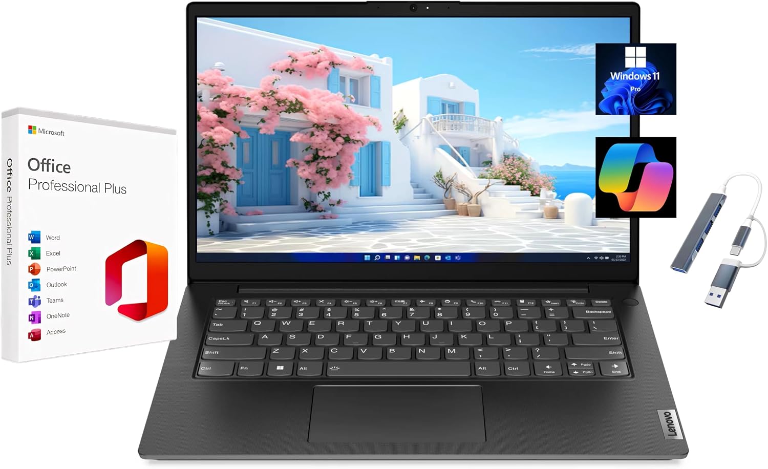 Lenovo V14 G4 14' FHD Laptop, with Free Lifetime Microsoft Office, Intel i7-13620H, 8GB RAM, 256GB SSD, Intel UHD Graphics, Windows 11 Pro, Business Black, Copilot, with USB Hub