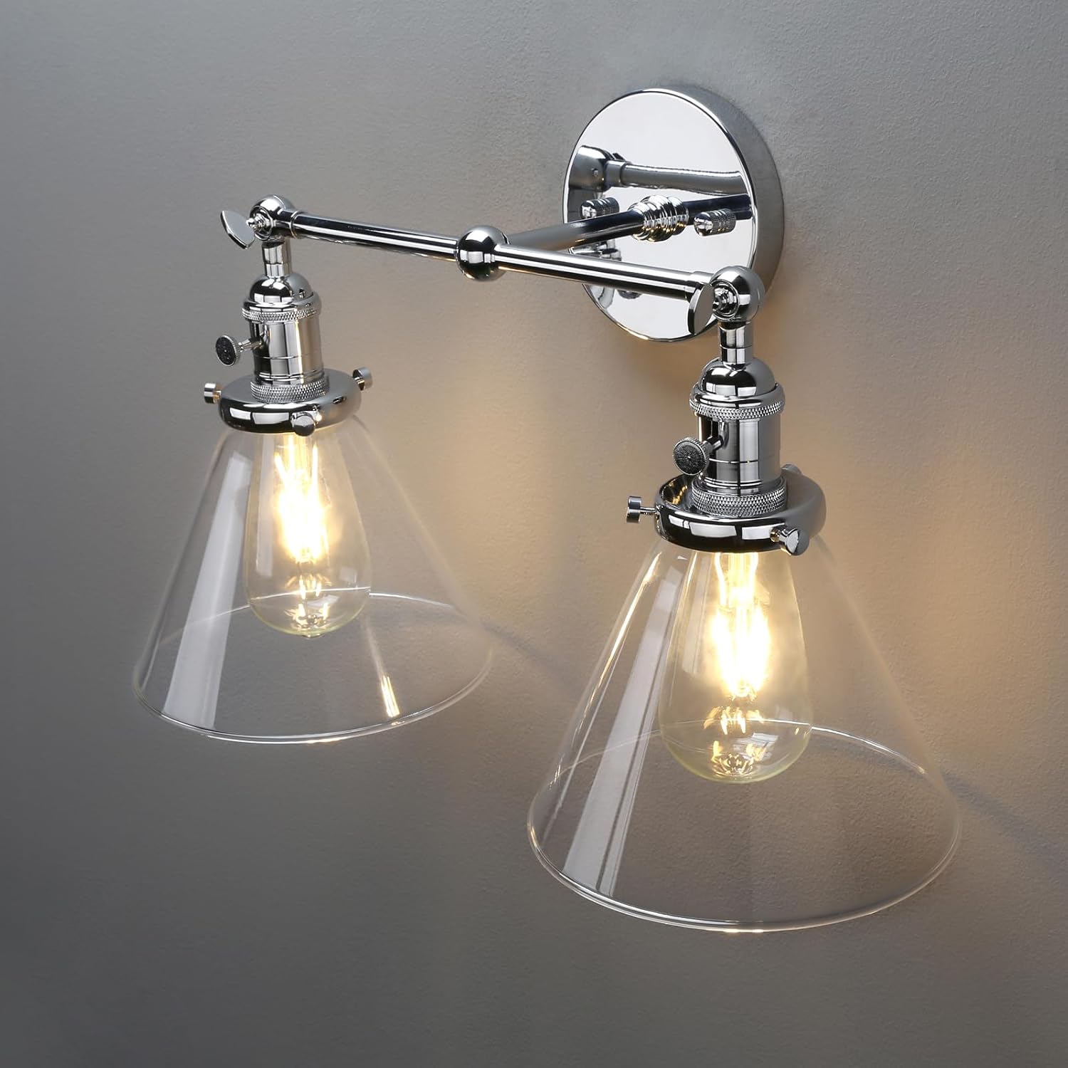 PERMO Double Sconce Chrome Industrial 2-Lights Wall Sconces with Funnel Flared Glass Clear Glass Shade Vanity Light for Bedroom (Chrome)