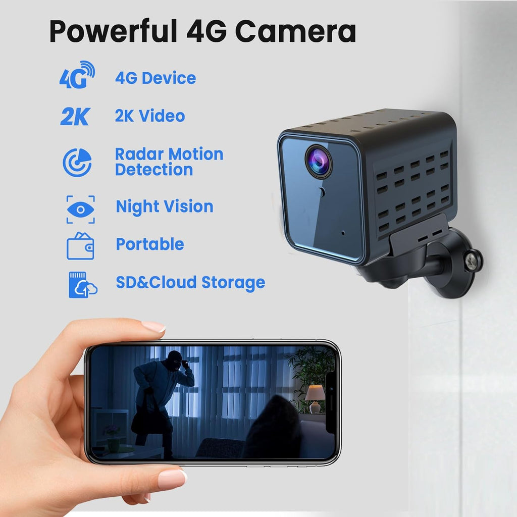 javiscam 4K Cellular Security Camera, No WiFi Camera SIM Card Included, Not Support WiFi, Radar Motion Sensor, FHD 4G Car Security Camera, 20-Day Standby Battery Life, Portable Cellular Camera