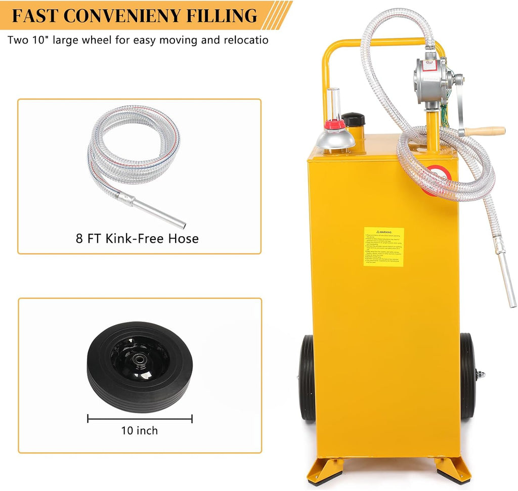 30 Gallon Fuel Gas Caddy, Gas Storage Tank w/Wheels & Manual Siphon Pump,Gasoline Diesel Fuel Container for ATV Car Mowers Tractors Boats Yellow