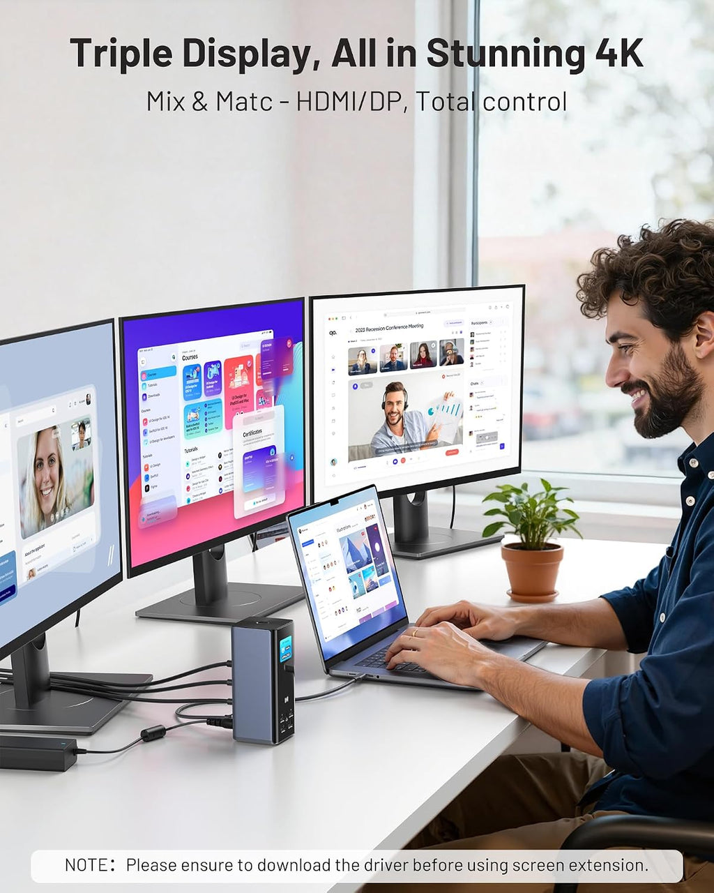 Selore Triple Monitor Docking Station for MacBook, 4K@60Hz USB-C Dock 3 Displays with 3HDMI+2DP, 10Gbps USB, 2.5G Ethernet & 150W PD + Phone Charging, Compatible with Dell/HP/Lenovo (Driver Required)