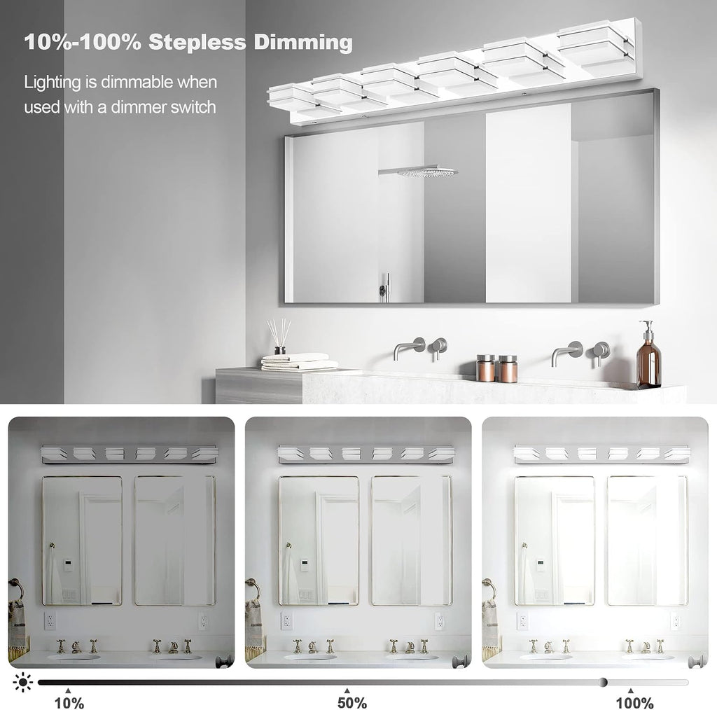 3 Color Temperature Dimmable Vanity Lights for Bathroom, LED Chrome 6 Light Vanity Lighting Fixtures, Acrylic Stainless Steel Square Shade Bathroom Light Fixtures over Mirror, ETL Certificated