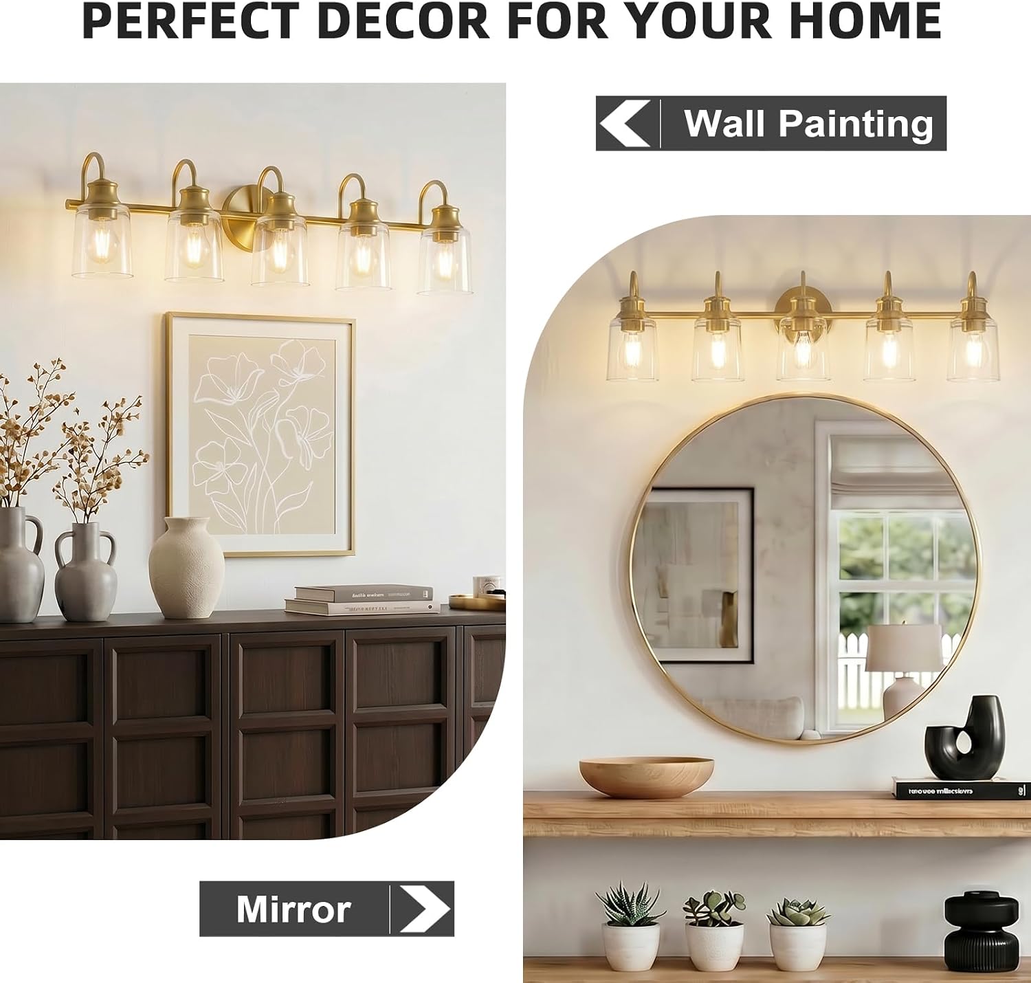 5 Lights Bathroom Light Fixtures Modern Gold Vanity Lights for Bathroom Lighting Fixtures Over Mirror with Clear Glass Shade for Cabinet Mirror Bedroom Hallway