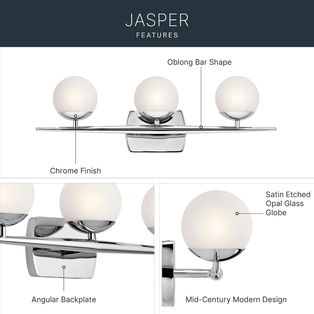 Kichler Jasper 24.5' Halogen Vanity Light in Chrome, 3-Light Mid Century Bathroom Vanity with Satin Etched Cased Opal Glass, (24.5' W x 7.75' H), 45582CH