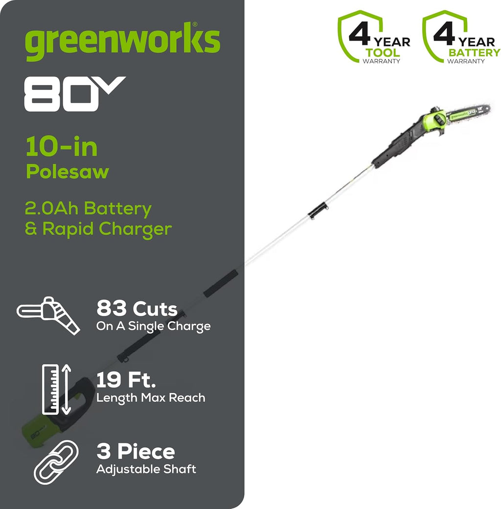 Greenworks 80V 10' Cordless Polesaw (Great For Pruning and Trimming Branches / 75+ Compatible Tools), 2.0Ah Battery and Charger Included