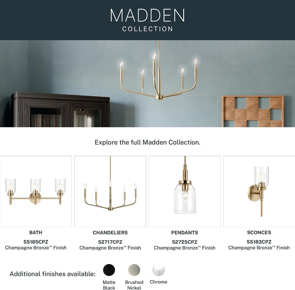 Kichler Madden 1-Light Mini Pendant Light Fixture with Clear Glass Shade in Champagne Bronze, Sloped Ceiling Compatible for Kitchen Island Hanging Lighting (15' x 7 '), 52725CPZ