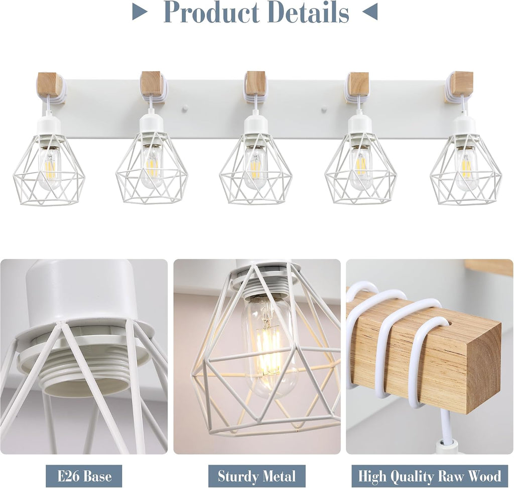 Farmhouse Vanity Light for Bathroom, 5-Light White Wood Bathroom Vanity Light Fixtures Over Mirror, Rustic Sconces Wall Lighting with Metal Lampshade for Living Room, Bedroom, Hallway