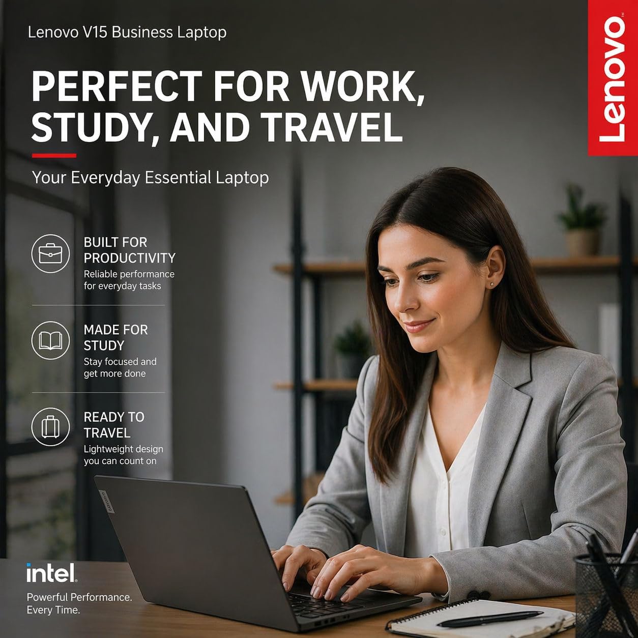 Lenovo V15 Business Laptop • 2026 Edition • Intel New N150 Quad-Core Processor • 15.6' FHD Anti-Glare Display • 8GB RAM • 256GB SSD • RJ-45 • HDMI • Dolby Audio • Wi-Fi 6 • Windows 11 Pro