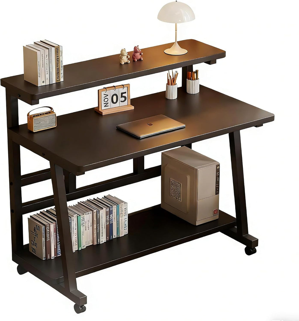 Rolling Desk, 47.2 Inch Small Desks with 3-Layer Storage & Monitor Stand, Compact Home Office Desk, Portable Laptop Table with Wheels for Small Spaces, Mobile Rolling Computer Work Desks