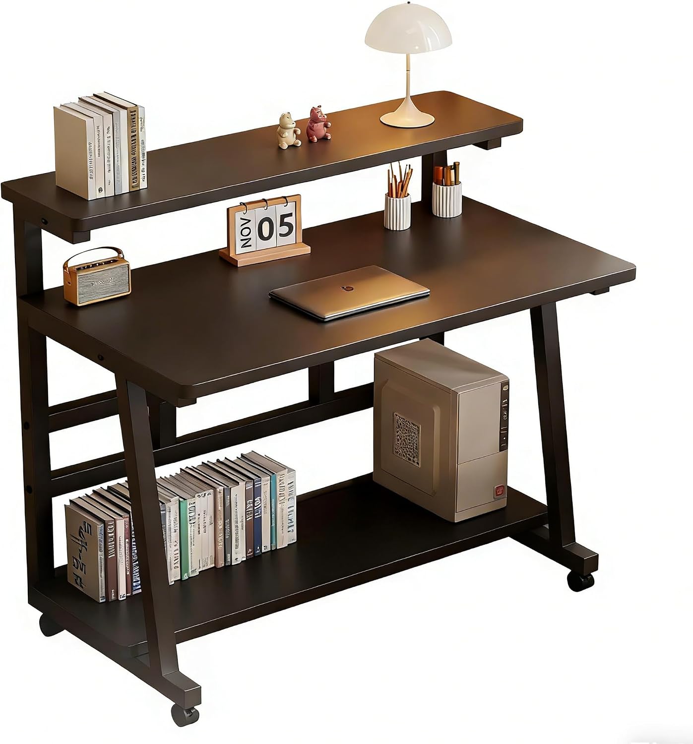 Rolling Desk, 47.2 Inch Small Desks with 3-Layer Storage & Monitor Stand, Compact Home Office Desk, Portable Laptop Table with Wheels for Small Spaces, Mobile Rolling Computer Work Desks