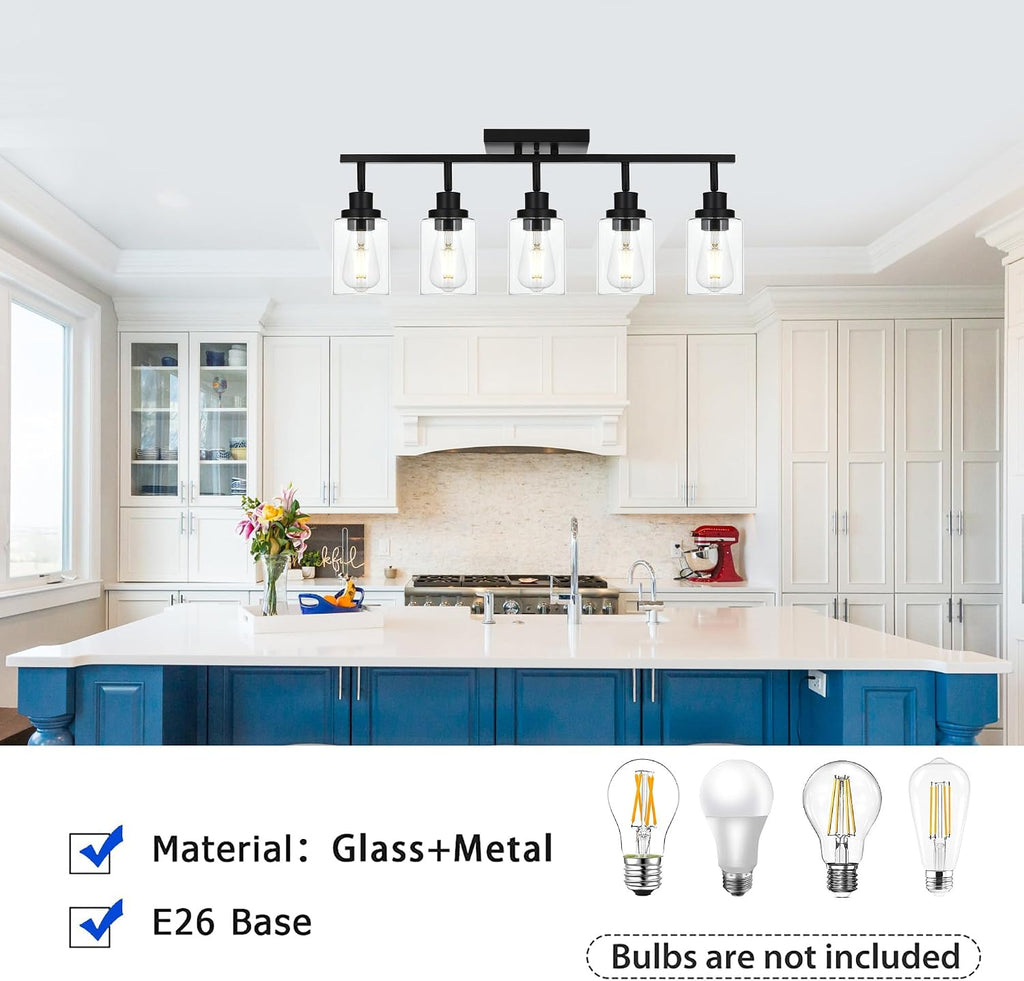 5-Light Track Lighting Kit Black Track Lighting Fixtures Bathroom Wall Sconces Ceiling Mount Kitchen Tracking Lights, Rotatable Spotlight with Clear Glass Shade for Kitchen Shop Hallway