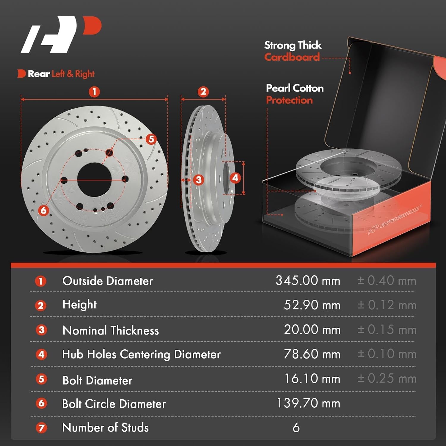 A-Premium 13.58 inch (345mm) Rear Drilled and Slotted Disc Brake Rotors + Ceramic Pads Kit Compatible with Select Chevy, GMC and Cadillac Models - Silverado 1500, Tahoe, Sierra 1500, Yukon, 6-PC Set