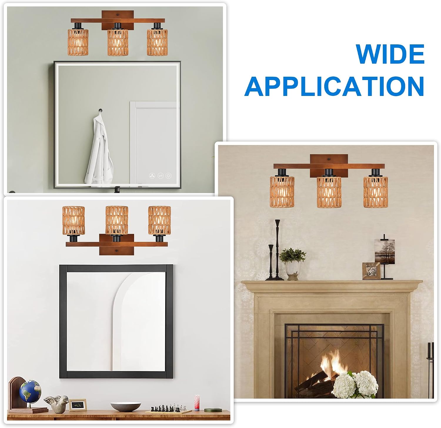 MELUCEE 21 Inches Farmhouse Vanity Light Fixture with Rattan Lampshade, 3-Light Bathroom Wood Wall Light Over Mirror Rustic Vintage Wall Sconce Lighting for Bathroom Kitchen Hallway