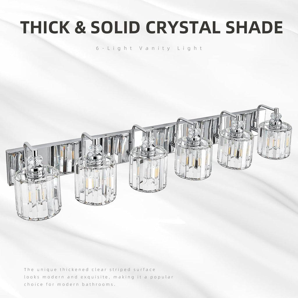 6-Light Modern Bathroom Light Fixture Chrome Bathroom Vanity Lights Over Mirror Wall Sconce Lighting with K9 Crystal Shades E26 Base for Bedroom, Living Room, Hallway Wall Lamp