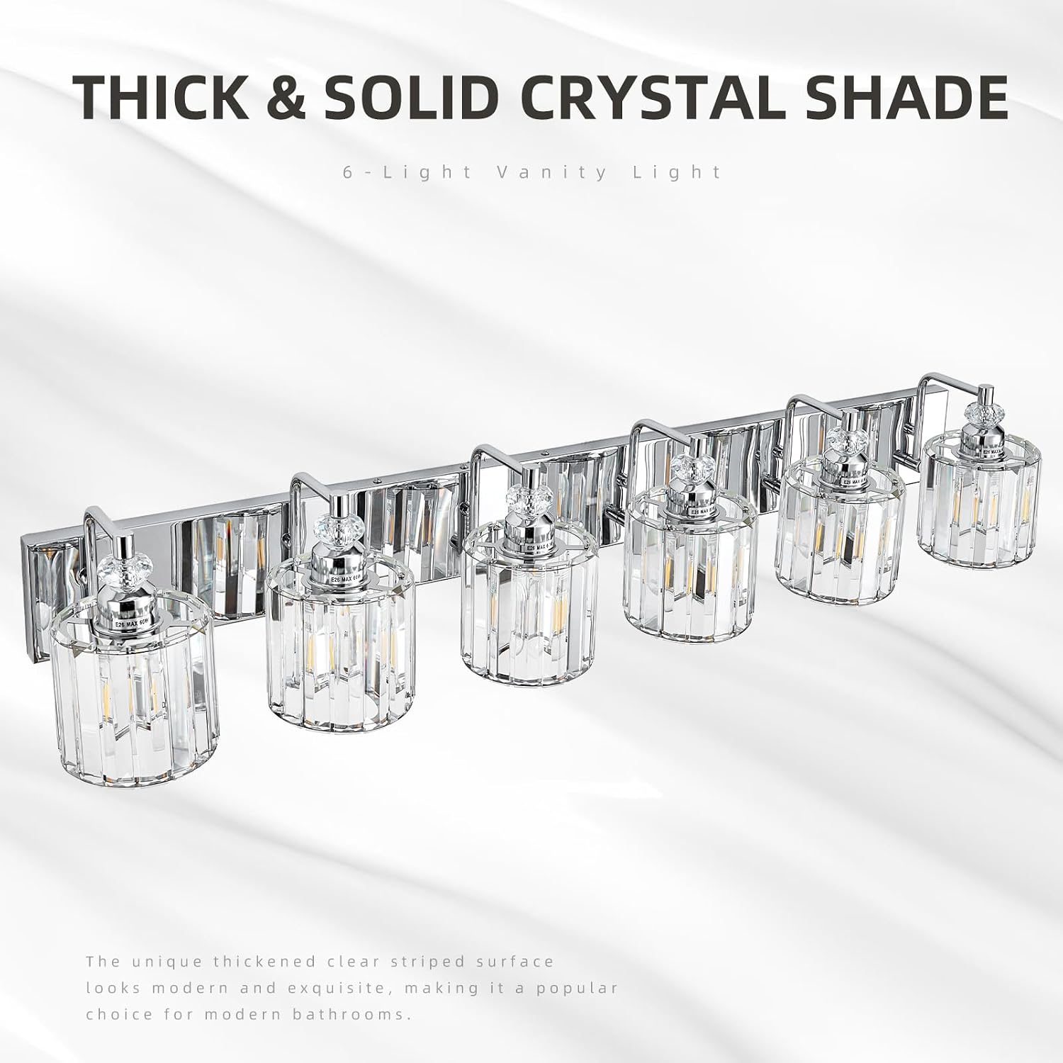 6-Light Modern Bathroom Light Fixture Chrome Bathroom Vanity Lights Over Mirror Wall Sconce Lighting with K9 Crystal Shades E26 Base for Bedroom, Living Room, Hallway Wall Lamp