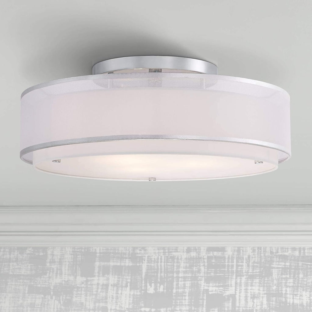 Possini Euro Design Double Organza Modern Ceiling Light Flush-Mount Fixture 20' Wide Chrome 3-Light Sheer Off White Drum Shades for Bedroom Kitchen Living Room Hallway Dining Bathroom Schoolhouse