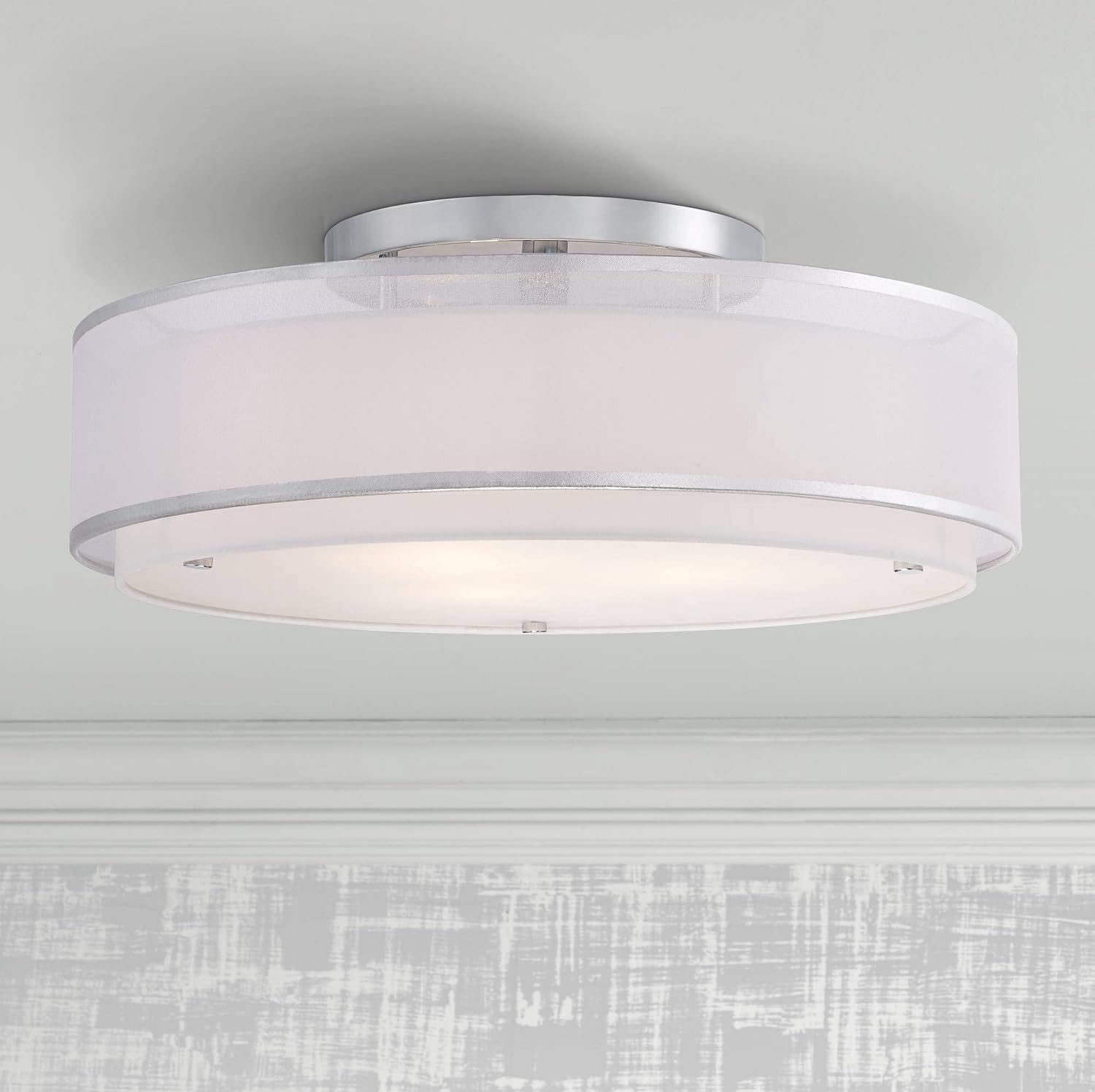 Possini Euro Design Double Organza Modern Ceiling Light Flush-Mount Fixture 20' Wide Chrome 3-Light Sheer Off White Drum Shades for Bedroom Kitchen Living Room Hallway Dining Bathroom Schoolhouse