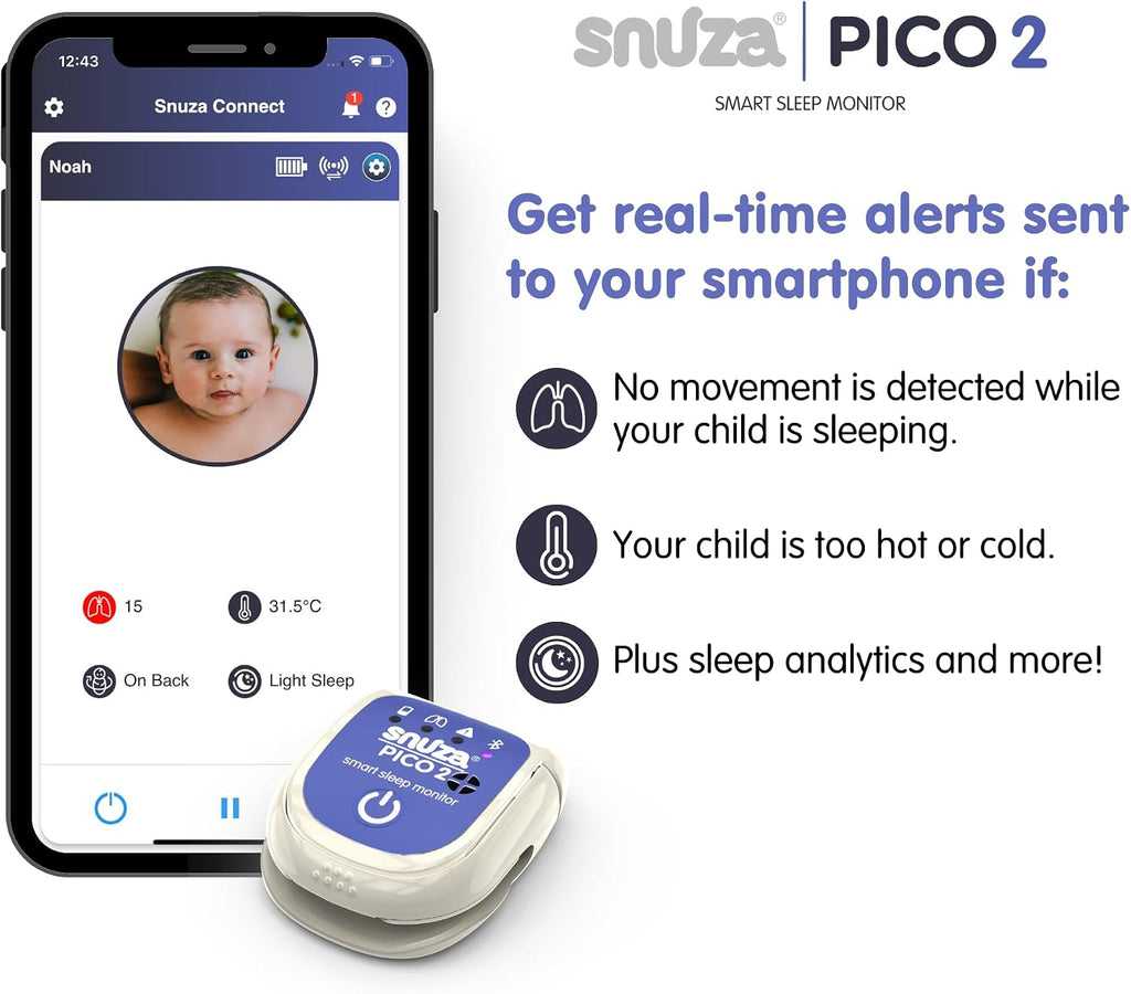 Snuza Pico 2 – Smart Sleep Monitor | Connect to App Or Use As Standalone Device | Tracks Movement, Sleep Patterns, Body Position & Skin Temperature | Real-Time Alerts for Safer Sleeping