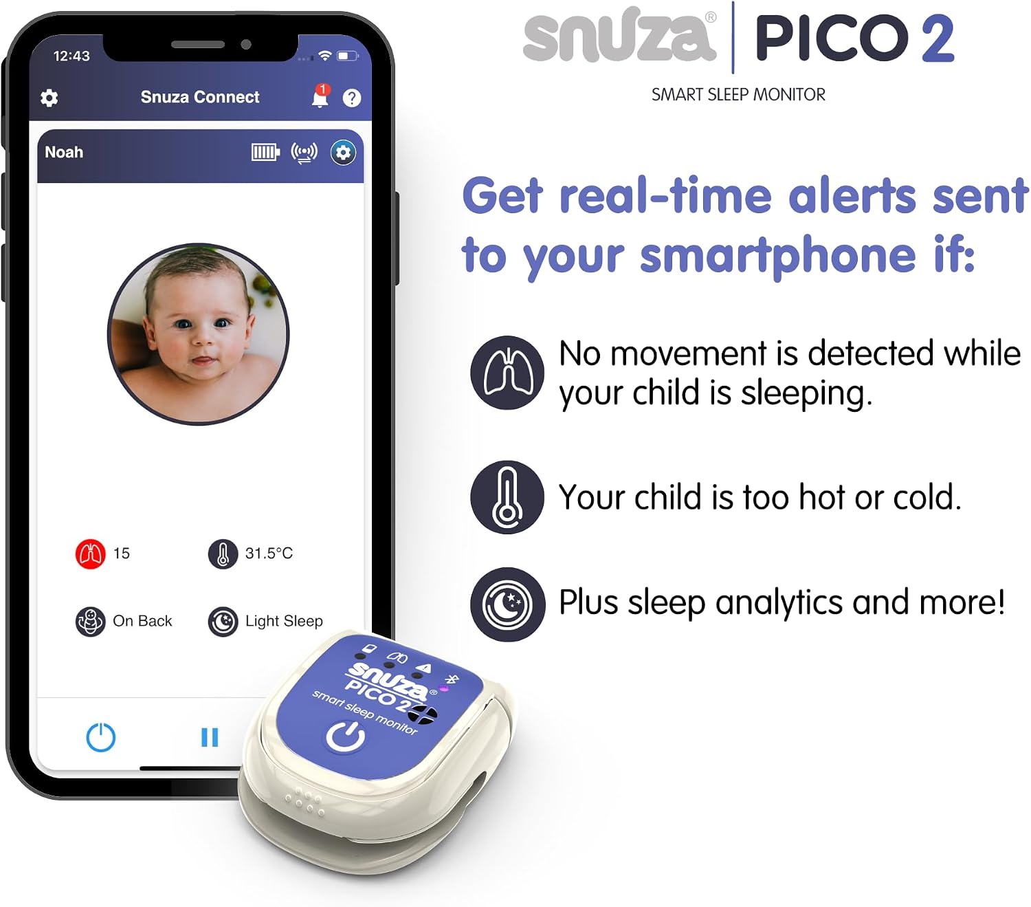 Snuza Pico 2 – Smart Sleep Monitor | Connect to App Or Use As Standalone Device | Tracks Movement, Sleep Patterns, Body Position & Skin Temperature | Real-Time Alerts for Safer Sleeping