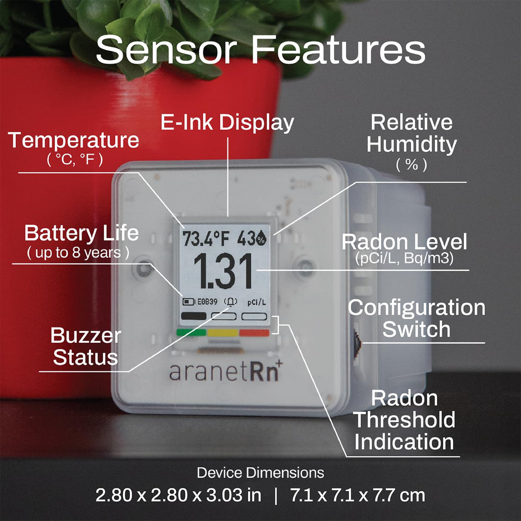 SAF Aranet Radon Detector for Home: 10-Min Measurement, Temperature, Relative Humidity, Pressure, E-Ink Display, 7-Year Battery, Portable with Free App, Bq/m3 & pCi/L Selectable