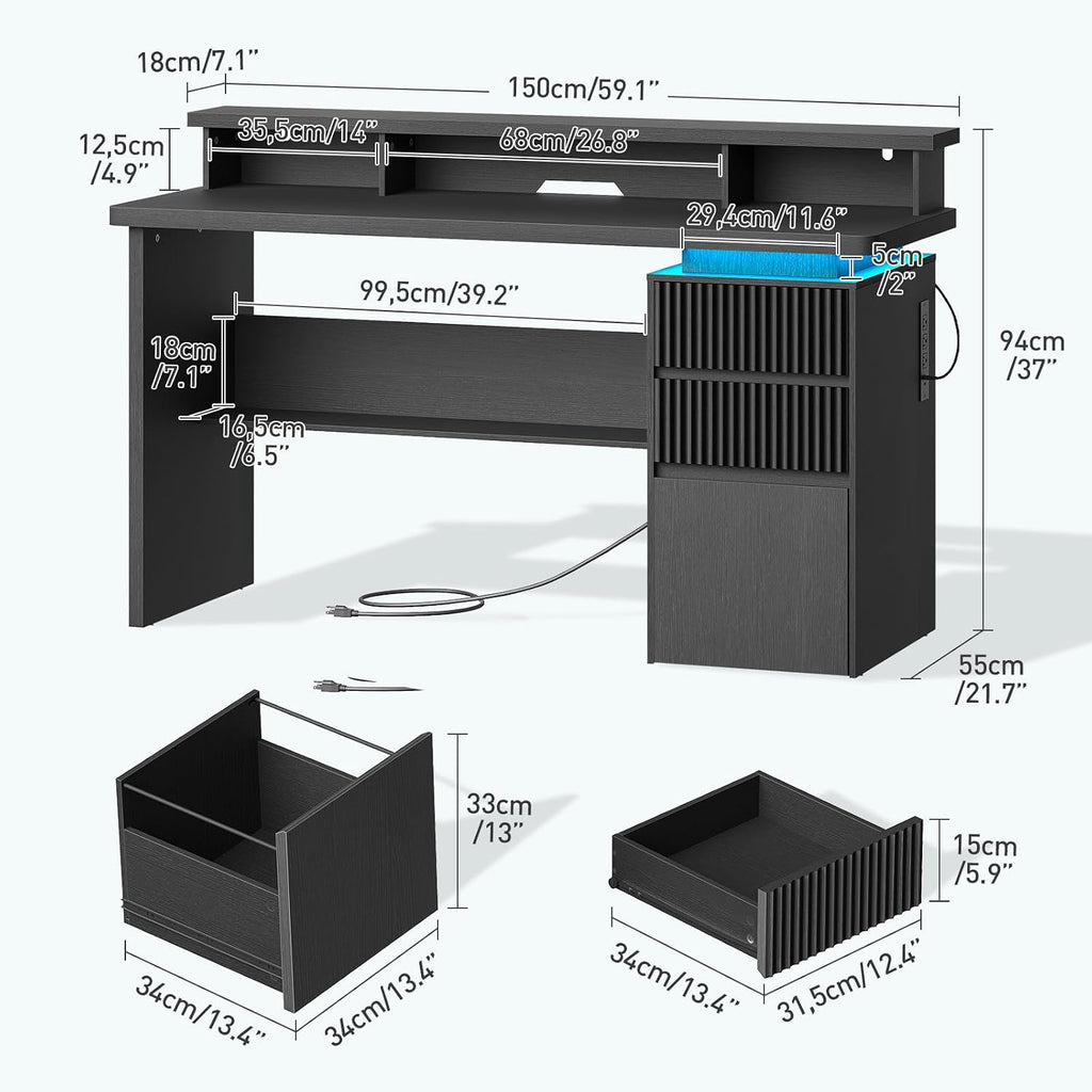 RALGEND 59' Executive Desk with Drawer, Fluted Computer Desk with File Drawer & Monitor Stand, Home Office Desk with Power Outlet, LED Light, Modern Fluted Computer Writing Desk with Storage, Black